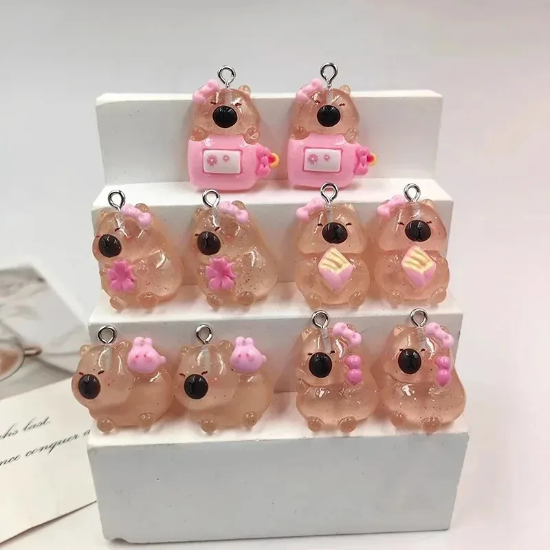 10Pcs Kawaii Pink Flower Design Resin Capybara Charms, Cute Simulated Pendants Findings For DIY Earrings Keychains Jewelry