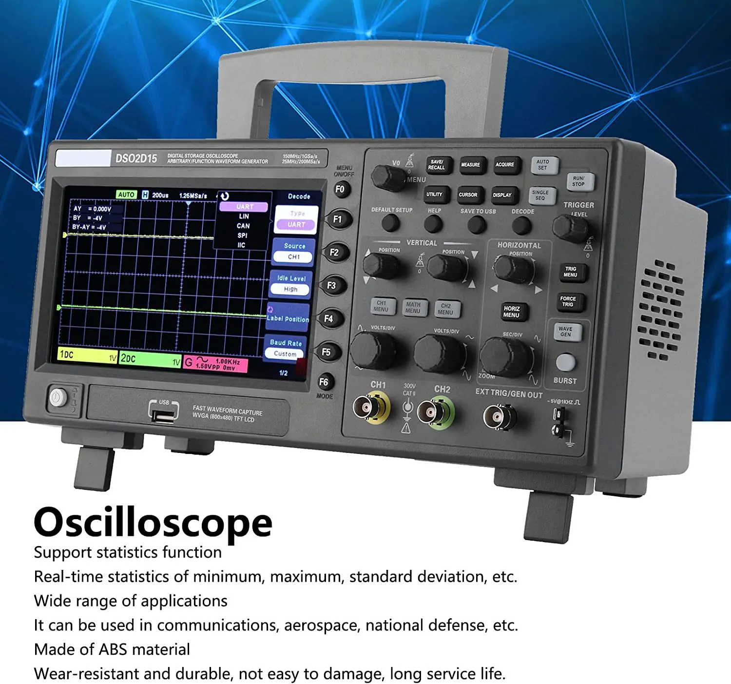 Dso2d15 Digital Oscilloscope Meter Desktop Oscillograph Oscillometer 7 Inch Tft Lcd Screen 2ch+1ch Channels