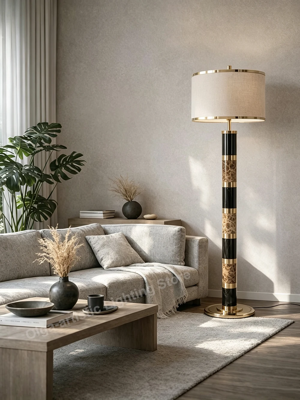 Nordic Luxury Gold Black Stone Floor Lamp with Fabric Lampshade Home Decoration Standard Light for Villa Room Standard Lighting