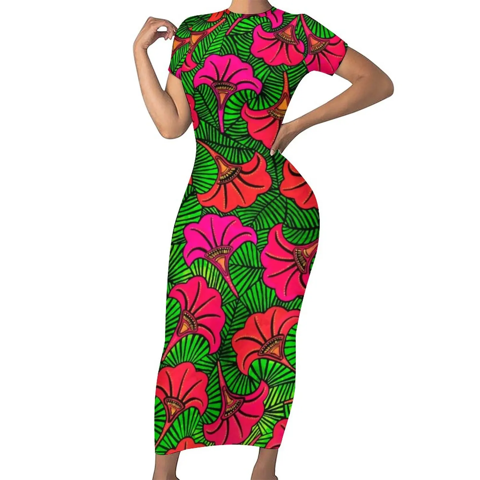 Red Flower Print Bodycon Dress Spring Petunia Capulana Sexy Maxi Dresses Women Short Sleeve Custom Aesthetic Dress 3XL 4XL 5XL