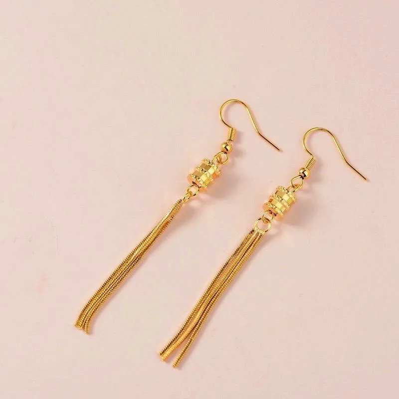 Women's 24K Gold AU999 Slim Waist Tassel Earrings | Ancient-chiseled with silky texture, elegant for traditional settings