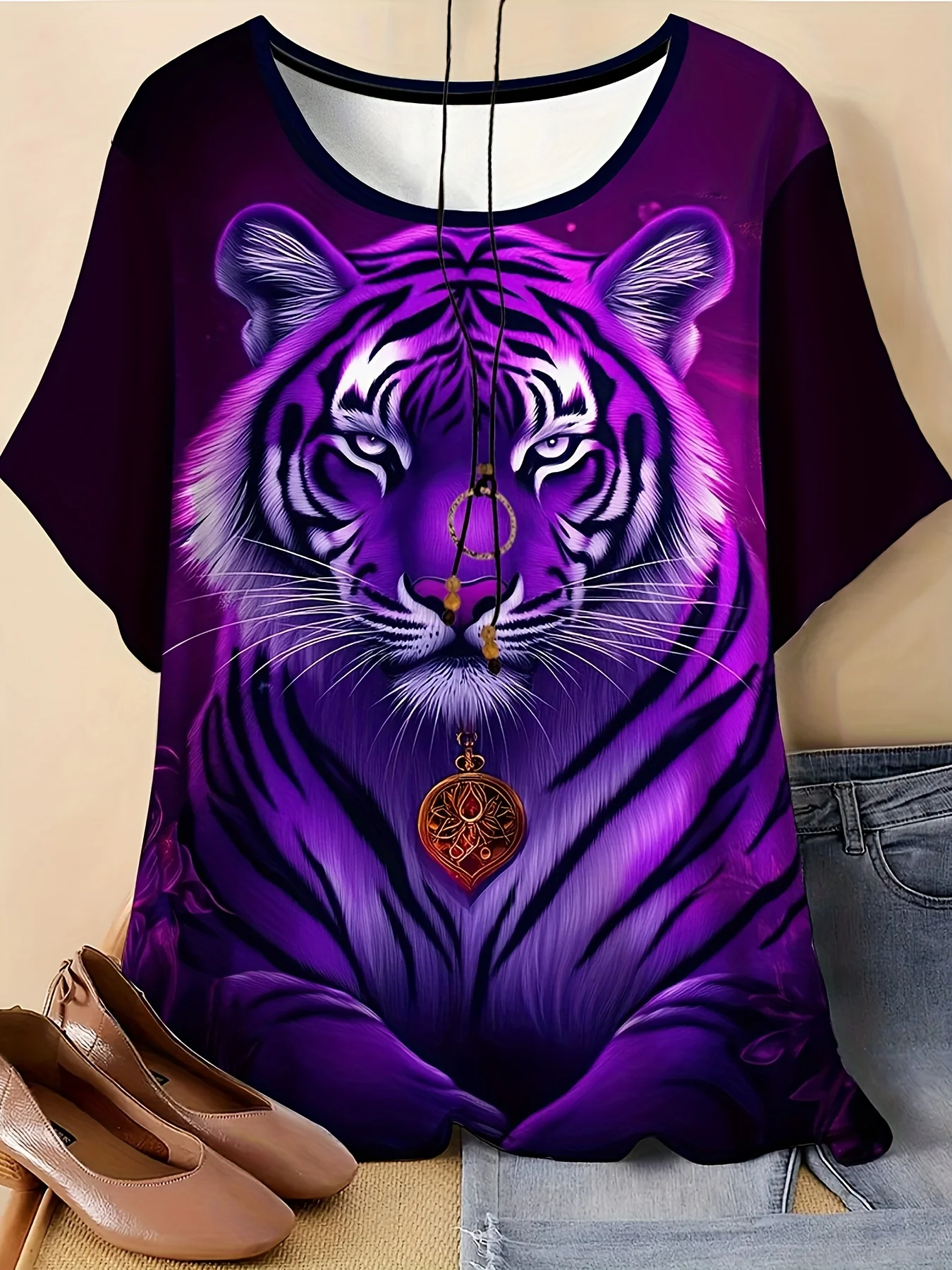 Women Crew Neck Short Sleeve T‑shirt Mysterious Purple Tiger Totem Animal Print Summer Casual Top