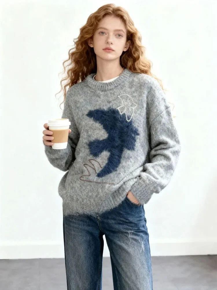 

Свободный вязаный свитер с круглым вырезом и узором под страуса от ZhuoZhi: Мягкий, теплый, с длинными рукавами, женский, модный, для повседневной носки, осенняя новинка.