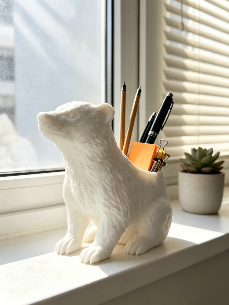 Badger-shaped pen holder, animal-themed pen holder, matte white PETG material desktop organizer, delicate texture cute badger statue ornament, multifunctional pen cup stationery storage box, can hold pencils, paperclips, and small items, suitable for home offices, student desks, study rooms, fun desktop decoration, creative office gift for animal lovers, birthday gift, desktop ornament
