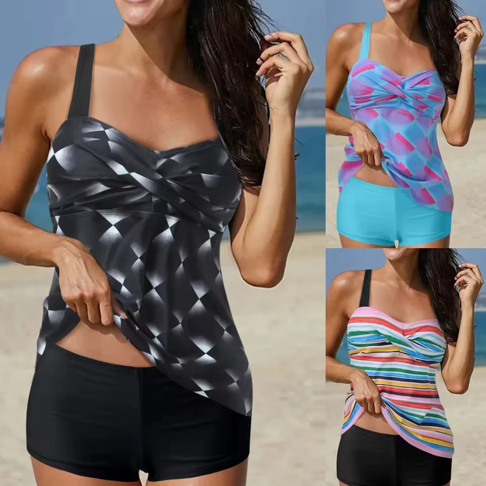 Ladies Split Swimsuit Chest Tie Strap Gradient Plus Size Swimsuit Holiday Two Pieces Bathing Suit Women'S Bikinis And Tankinis