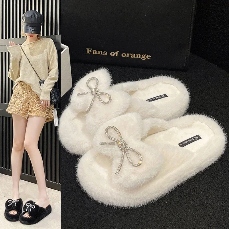 

Winter Fluffy Slippers Women Home Fur Slippers 2024 New Indoor Slippers Women Flat Platform Cozy Fuzzy Slides Anti-slip Sole