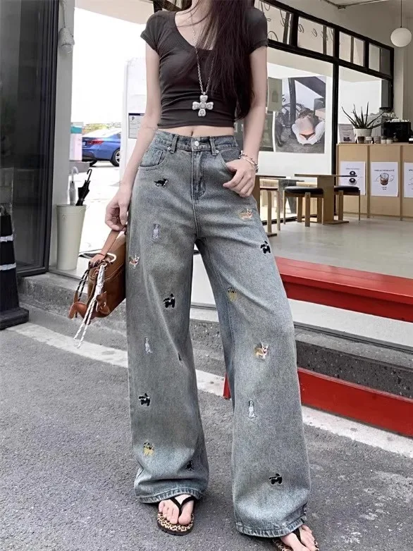 

American Retro Embroidered Dog Loose Straight Leg Jeans Women's Spring Summer New plus Size Slimming Wide Leg Pants