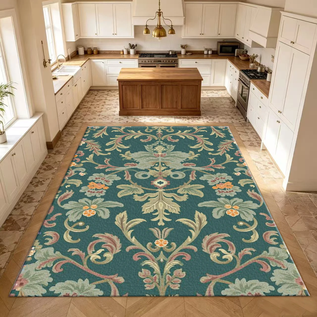 Deep Teal Vintage Baroque Floral Carpet with Classic Print for Indoor Living Spaces and Home Use
