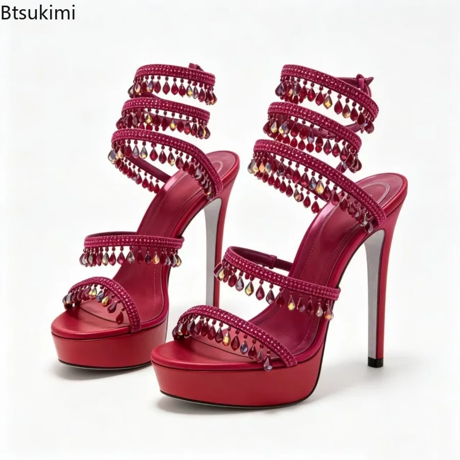 Summer Women Fashion Crystal Pendant Decor Sandals Ankle Snake Wrap Stiletto Platform Sexy Elegant Garden Dress Party Sandals