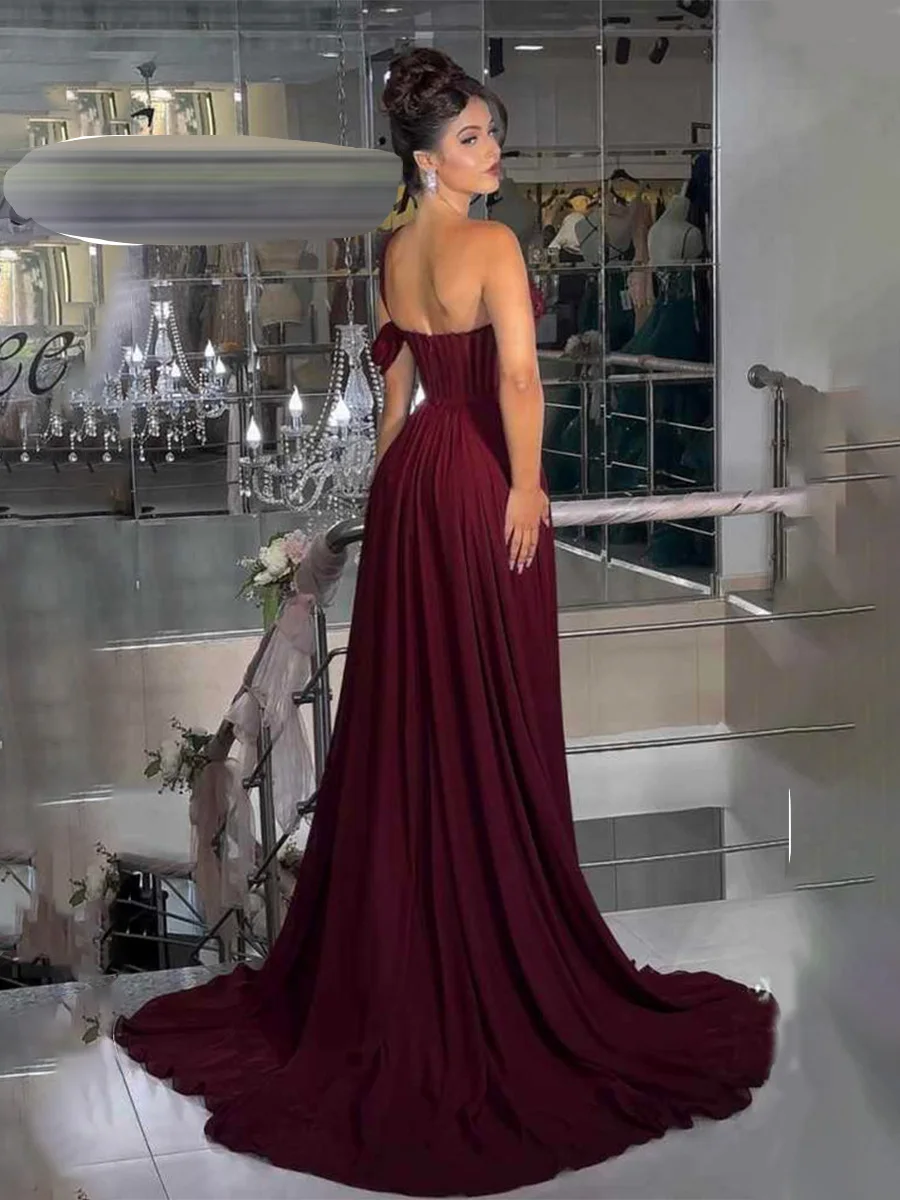 Customized Elegant One-Shoulder Mermaid Maxi Dress Women Beaded Sweetheart Chiffon High Slit Trailing Formal Evening Party Gown