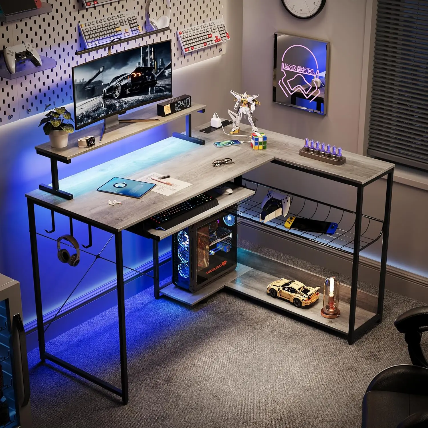 

L Shaped Gaming Desk with Power Outlets & RGB Lights, 46'' L- Shaped Desk Computer Corner Desk with Monitor Stand &, Customized