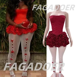 FAGADOER Sexy y2k Streetwear 2 Piece Sets Women Outfit tube backless Bandage crop Tops and Flower Skirt + Hollow Bow Pantyhose