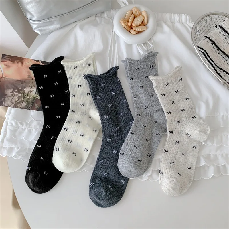 1/5 Pairs Women Summer Bow Pattern Mid Tube Socks Thin Breathable Comfortable Korean Version Style Rolled Edge Casual Socks