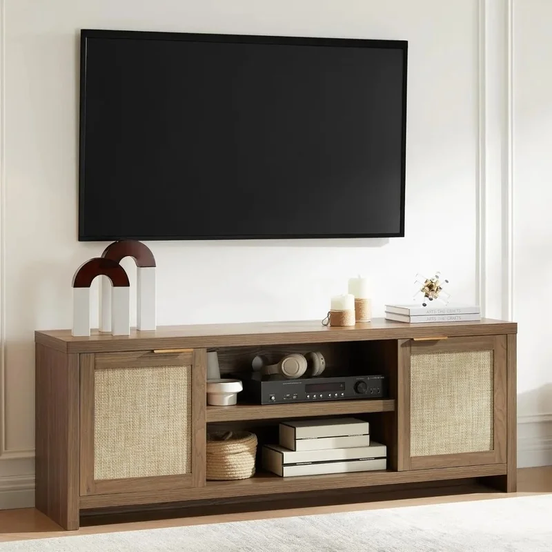 Modern TV Stand with Rattan Doors, Entertainment Center for 65 Inch TV, Media Console Cabinet for Living Room