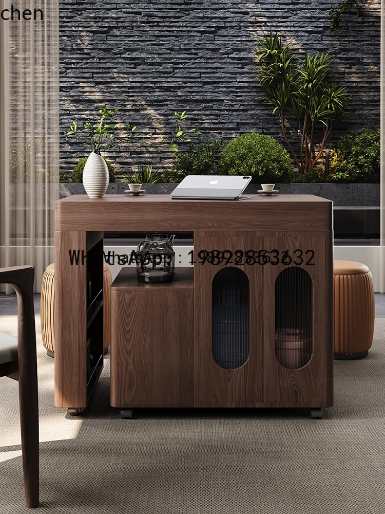 v2 light luxury balcony household tea table solid wood mobile simple wind small apartment rotatable retractable tea cart decor