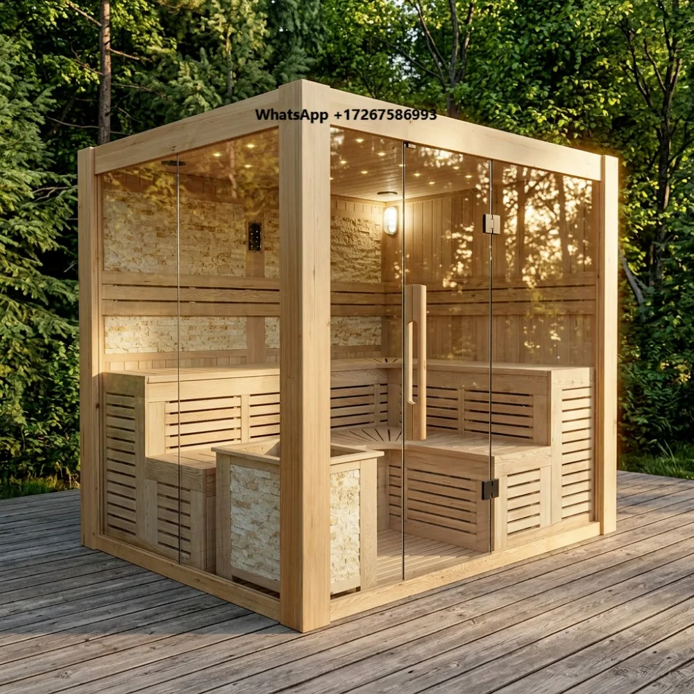 Wholesale Indoor Traditional Sauna Room 6-7 Person Family Dry Steam Sauna Cabin Canadian Hemlock Solid Wood Dry Sauna Factory