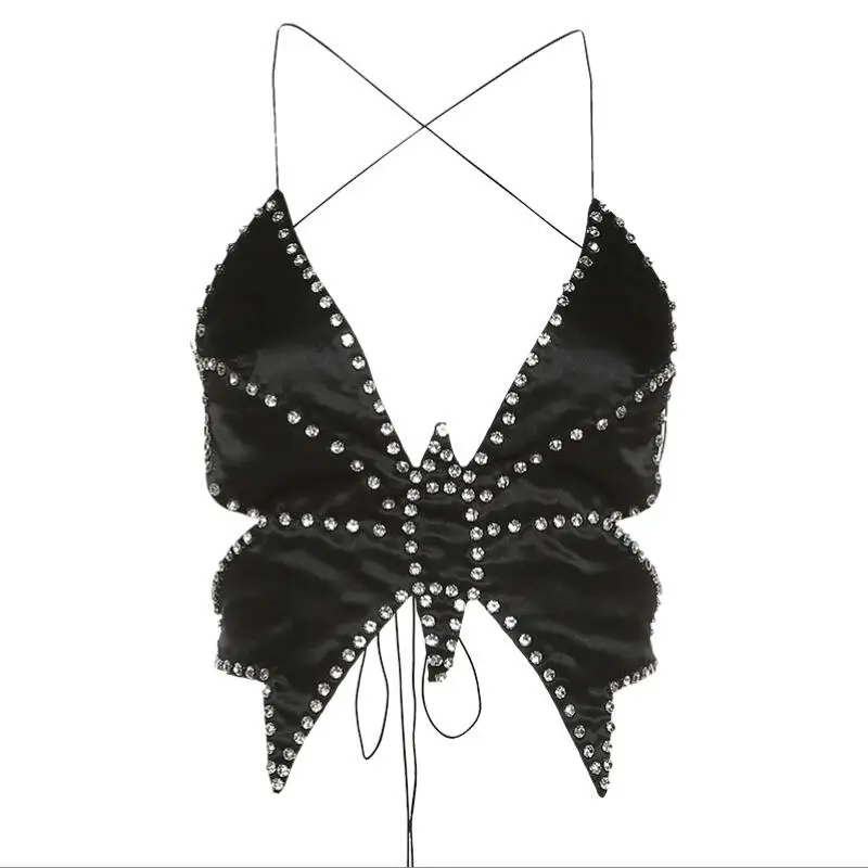 

Y2K Bandage Butterfly Camisole Women Sexy Rhinestone Bra Patchwork Festival Vest Backless Midnight Party Sexy Tank Top p495