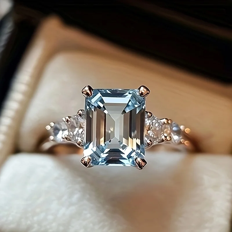 SGARIT 925 Silver Ring Natural Crystal Main Stone 6X8MM Emerald Cut Sky Blue Ring Original Wedding Fashion Jewelry
