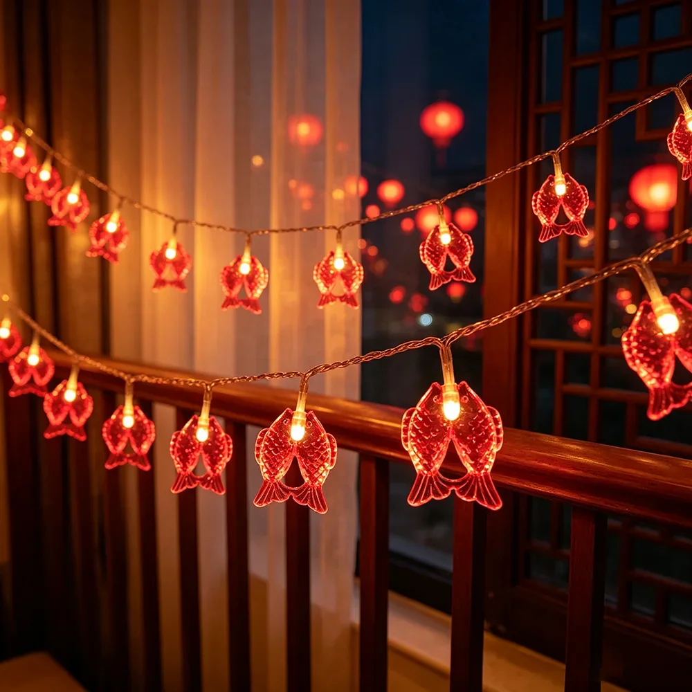 1pc USB Realistic Double Fish LED String Lights 6.3M 40LED for New Year's Day Holiday Family Gathering Wall Desktop Window Decor