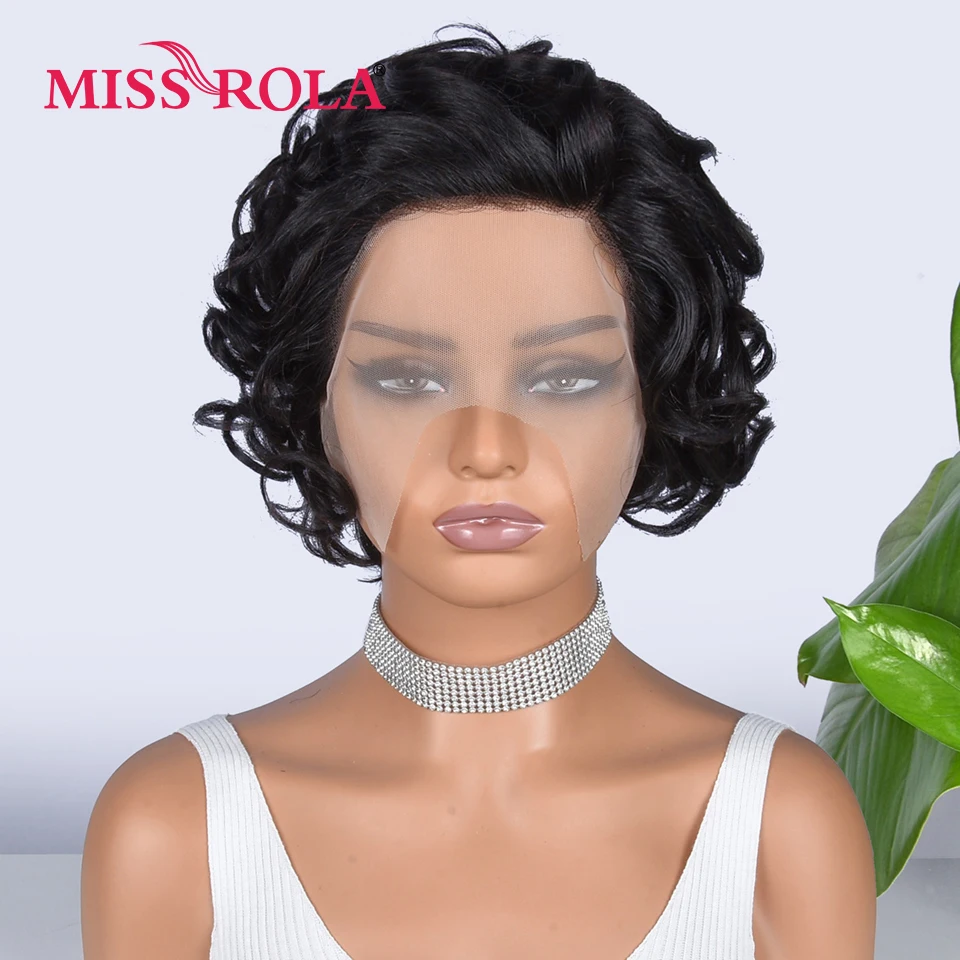 Miss Rola Romance-Perruque courte en dentelle bouclée, cheveux humains Remy, partie latérale, pré-plumée, densité 180%