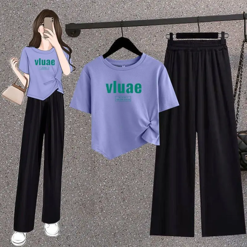 2024 Summer Korean Edition Design Irregular Printed Short Top T-shirt for Women+Black Slimming Wide Leg Pants Two Piece Set