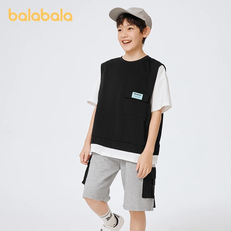 Balabala Children Sportswear Set Boys Color-Blocked Two-Piece Set 2024 Summer New Faux Layering Loose Fit Big Kids Hip-Hop Style