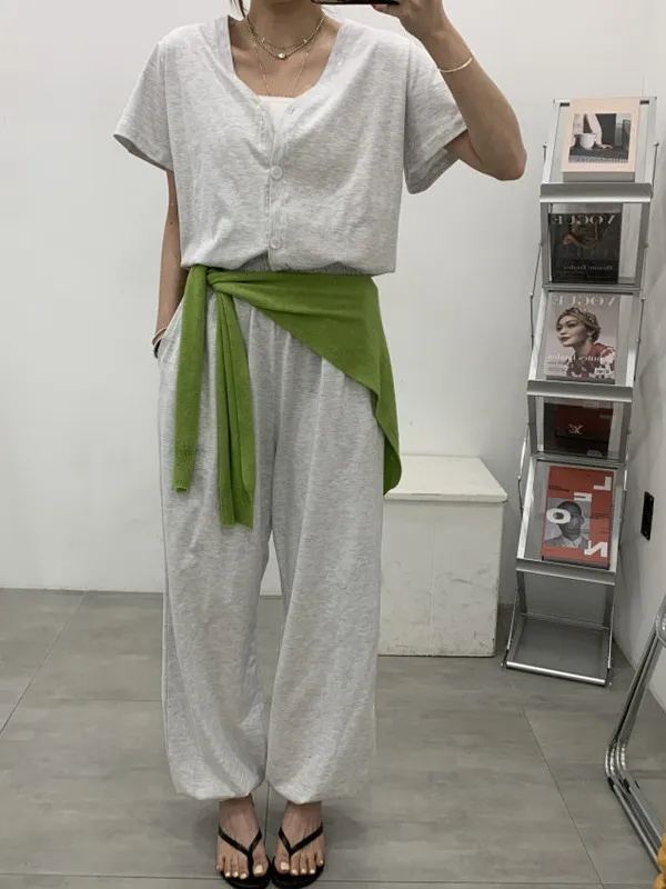 

Slimming Effect V-Neck Elastic Waist One-Piece Pants Women's Fashion Summer Casual Pants Korean Style Elastic Waist Design