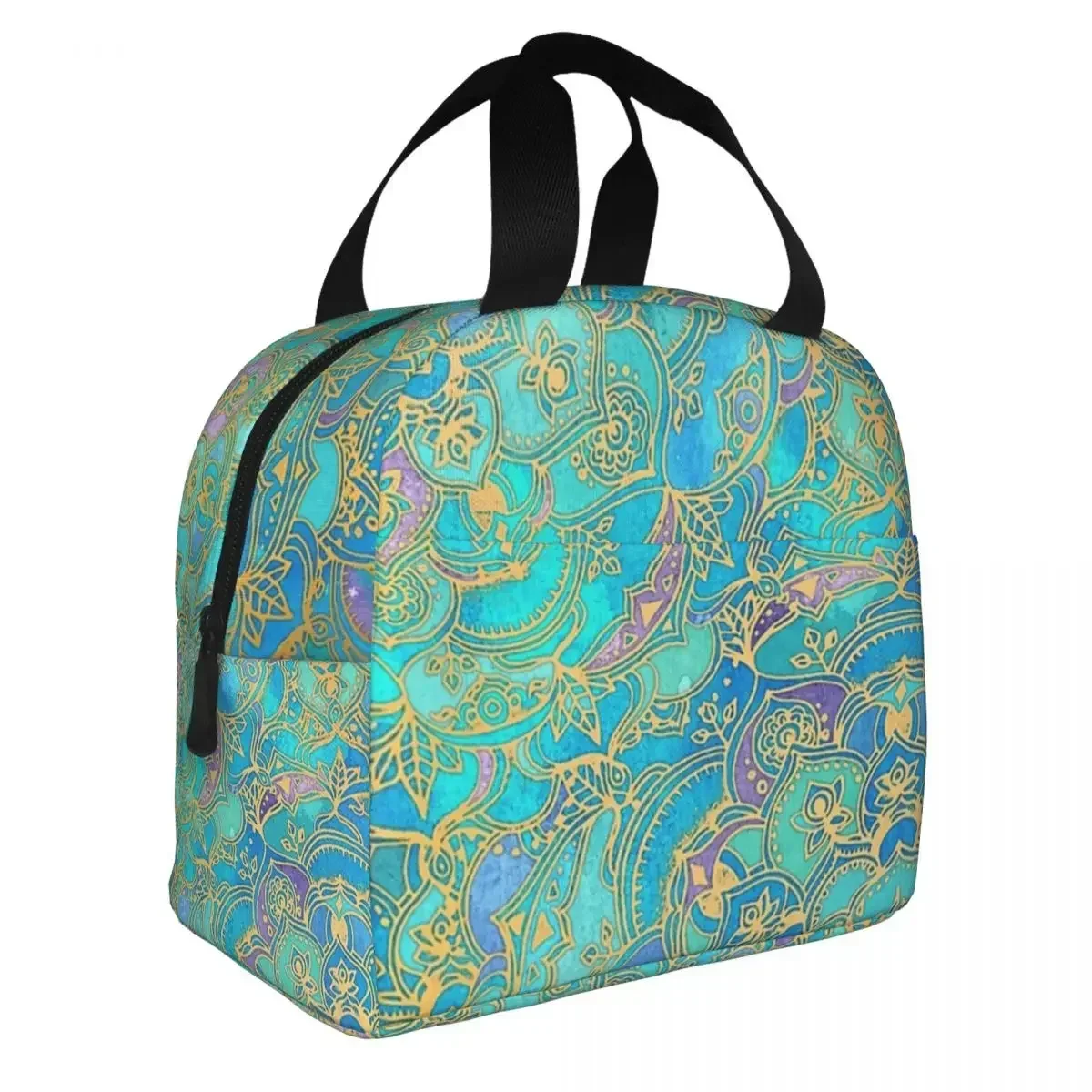 Lunch Bags for Men Women Sapphire Stained Glass Mandalas Thermal Cooler Portable Picnic Travel Oxford Lunch Box Bento Pouch