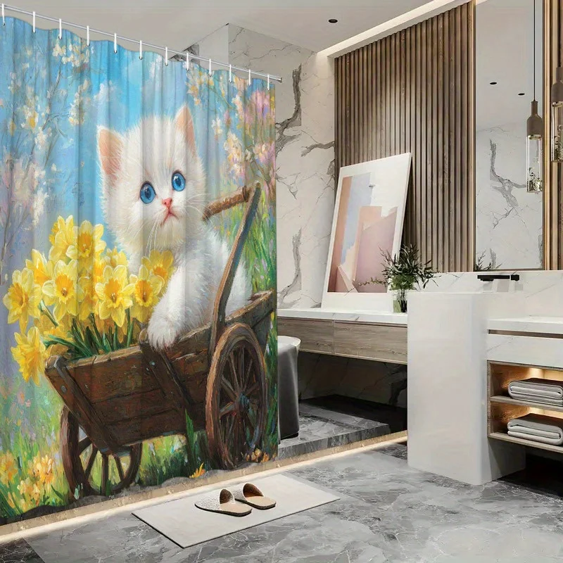 

Whimsical White Kitten Shower Curtain - Daffodil Cart, Sparkling Blue Eyes, Pastel Landscape, 70.8x70.8", Polyester, 12 Hooks