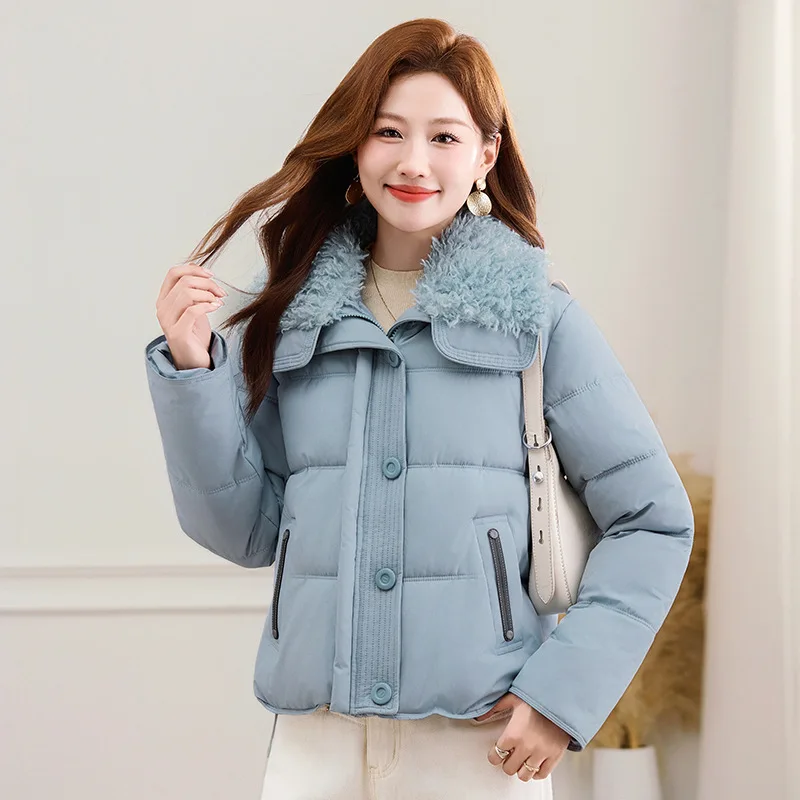 Winter Parkas Women Down Cotton Jacket New Lamb Wool Lapel Loose Short Cotton Padded Jacket Female Outerwear Women Basic Coat