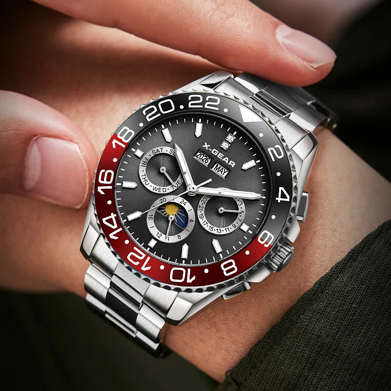 Men's Classic Water Ghost Watch Mechanical Movement Waterproof Stainless Steel Ceramic Bezel Calendar Feature