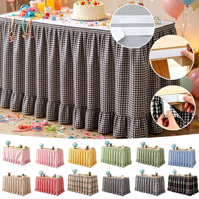 Pleated Ruffled Plaid Table Skirt Decorative Table Cover Magic Tape Design for Wedding Party Classroom Podium Home Storage