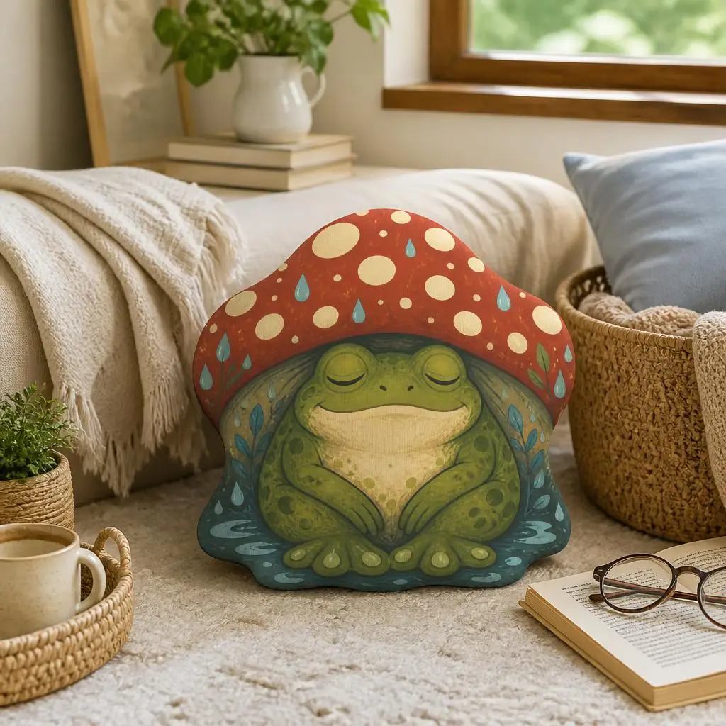 Frog Under Mushroom Pillow Rainy Day Nature Lover Cushion Shaped Stuffed Soft Throw Pillow for Sofa Bedroom Home Decor Gift