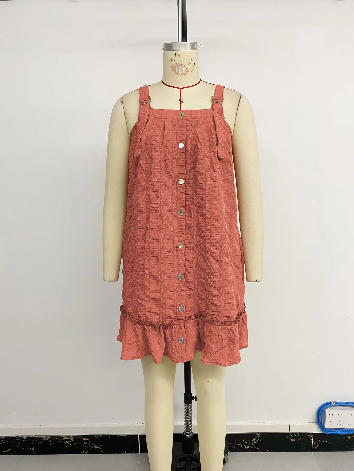 

Womens Dresses 2025 Summer New Solid Color Texture Pleated Ruffle Edge Square Neck Pocket Design Casual Suspender Mini Dress