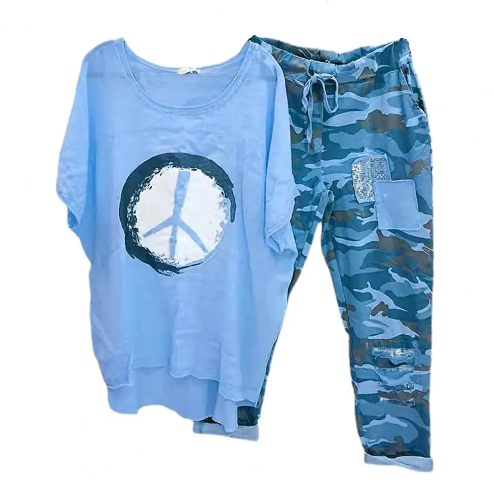 1 Set T-shirt Pants  Camouflage   T-shirt Trouser Set Relaxed Fit Lace-up Outfit