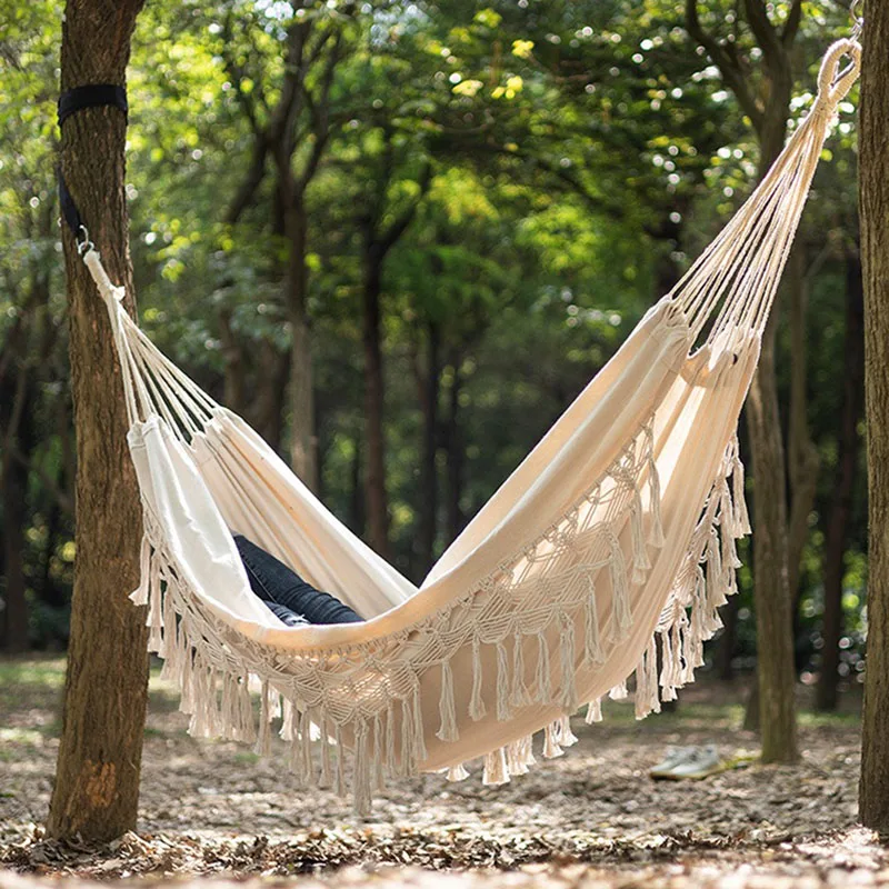 Cotton Macrame Mesh Hammock Outdoor Furniture Leisure Portable Single Bedroom Garden Camping Lightweight Boho Hanging Swing Seat