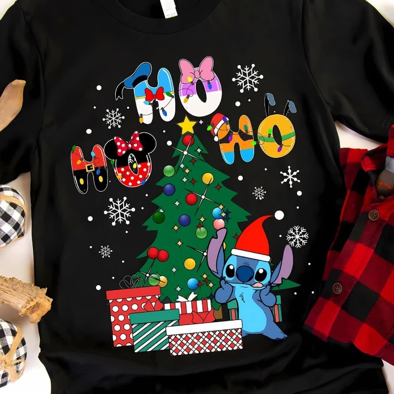 تي شيرت ديزني ستيتش شجرة عيد الميلاد من القطن الخالص للفصول الأربعة للأولاد والبنات كاجوال من القطن الخالص #1