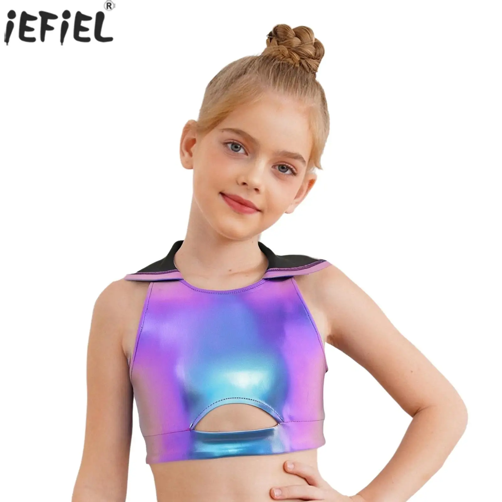 

Kids Girls Hip Hop Jazz Dance Crop Tops Metallic Hooded Tank Top Cutout Athletic Vest Gymnastics Workout Performance Costume