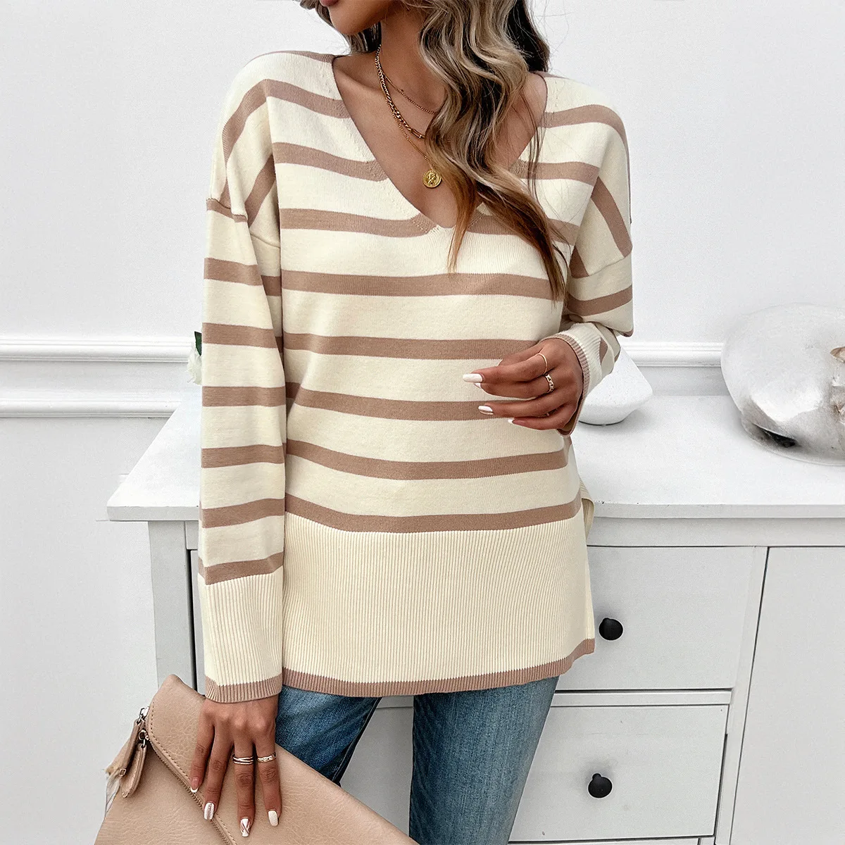 Autumn Winter Women's Sweater Tops Female V-neck Stripe Knitted Pullovers Lady's Thicken Warm Knitwears Women's Casual Loose Top