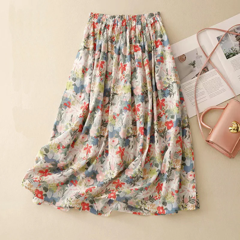 

Vintage Painting Printed Women Skirts 2024 New Summer High Waist Slim Pleated Midi Skirts A-Line Umbrella Skirts Jupe Femme