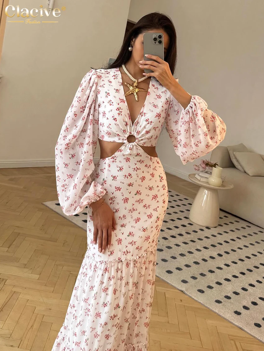 Clacive Sexy Loose Print Women's Dress 2025 Fashion V-Neck Long Sleeve Maxi Dresses Elegant Classic Hollow Out Female DressClaci