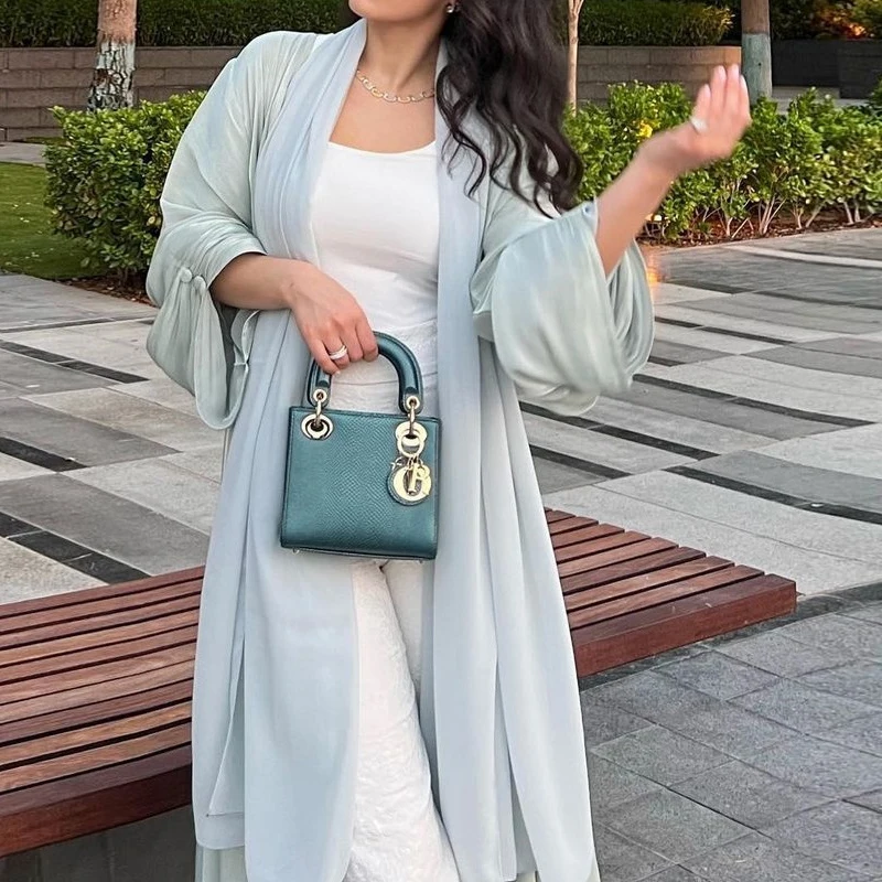 Ramadan Luxury Shiny Satin Open Kimono Abaya Chic Dubai Batwing Sleeve Abayas Women Muslim Evening Dress Islamic Clothing