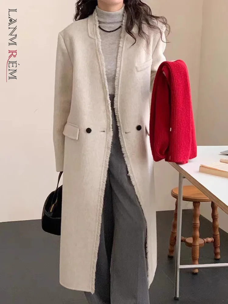 

[LANMREM] Office Lady Women's Contrast Color Woolen Coat V-neck Loose Two Button Double-side Blends Overcoat Winter 2024 New