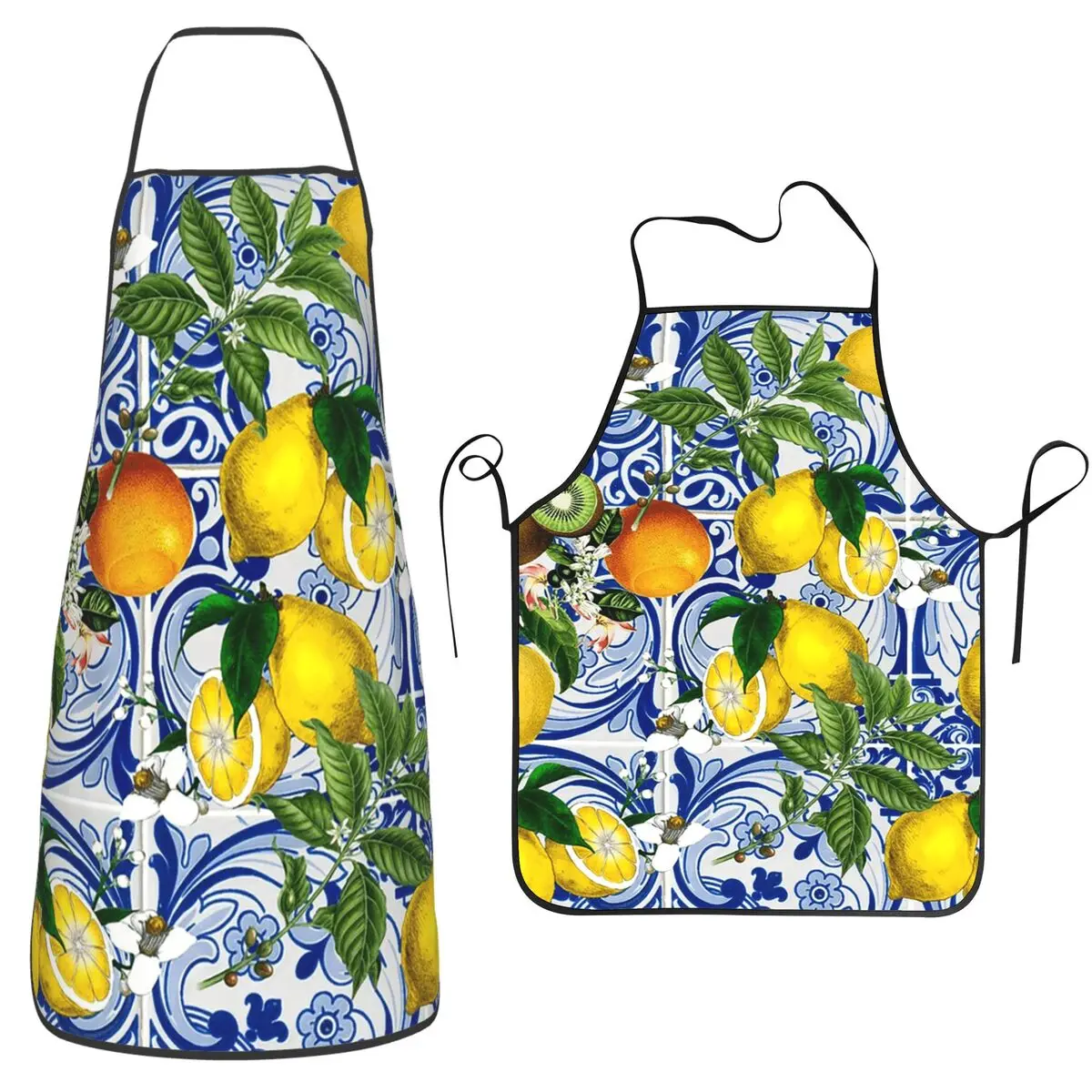 Sicilian Inspired Blue Tile Yellow Lemons Apron Chef Cooking Tablier Bib Kitchen Cleaning Pinafore for Women Men Painting