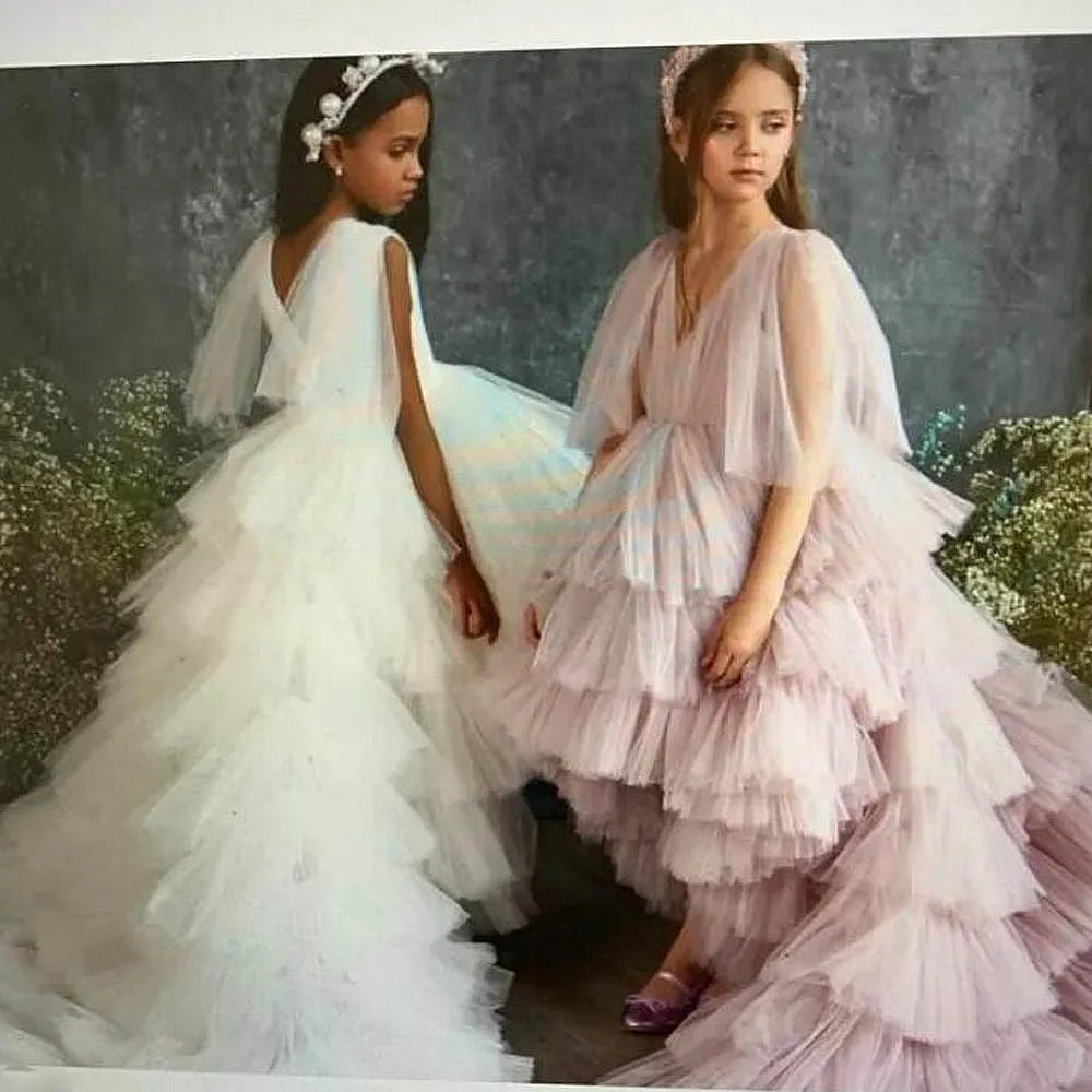 Princess High Low  Flower Girl Dress  With  Half Sleeves  Tulle Tiered Long Girls Birthday Gowns kids Party Dress For Photos