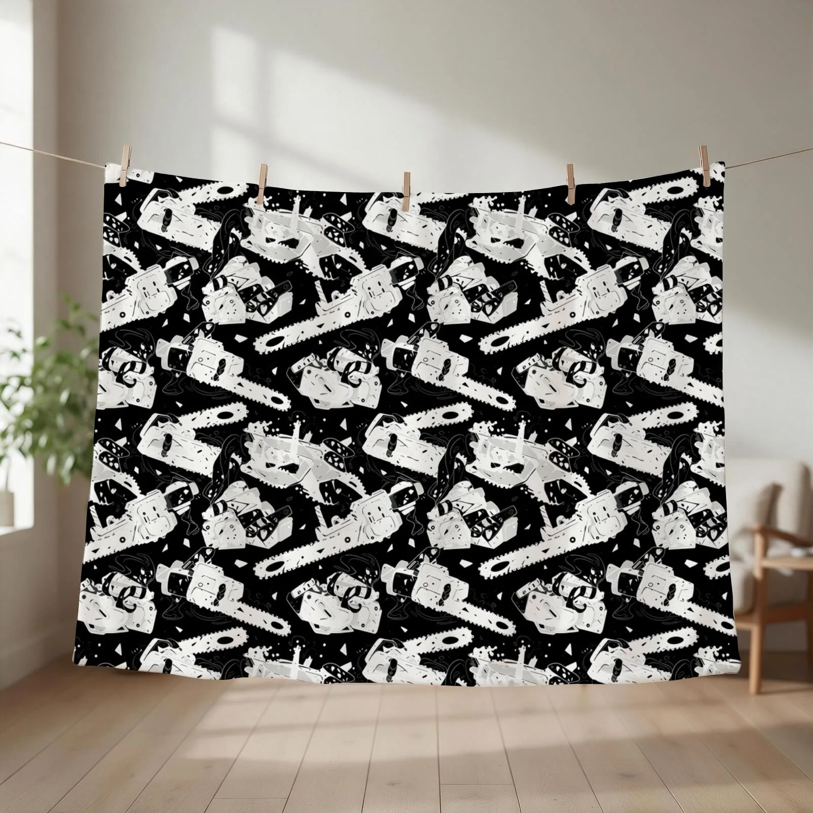 Black Take It Down! Chainsaw Pattern Throw Blanket couch cozy soft plush fuzzy picnic outdoor blanket