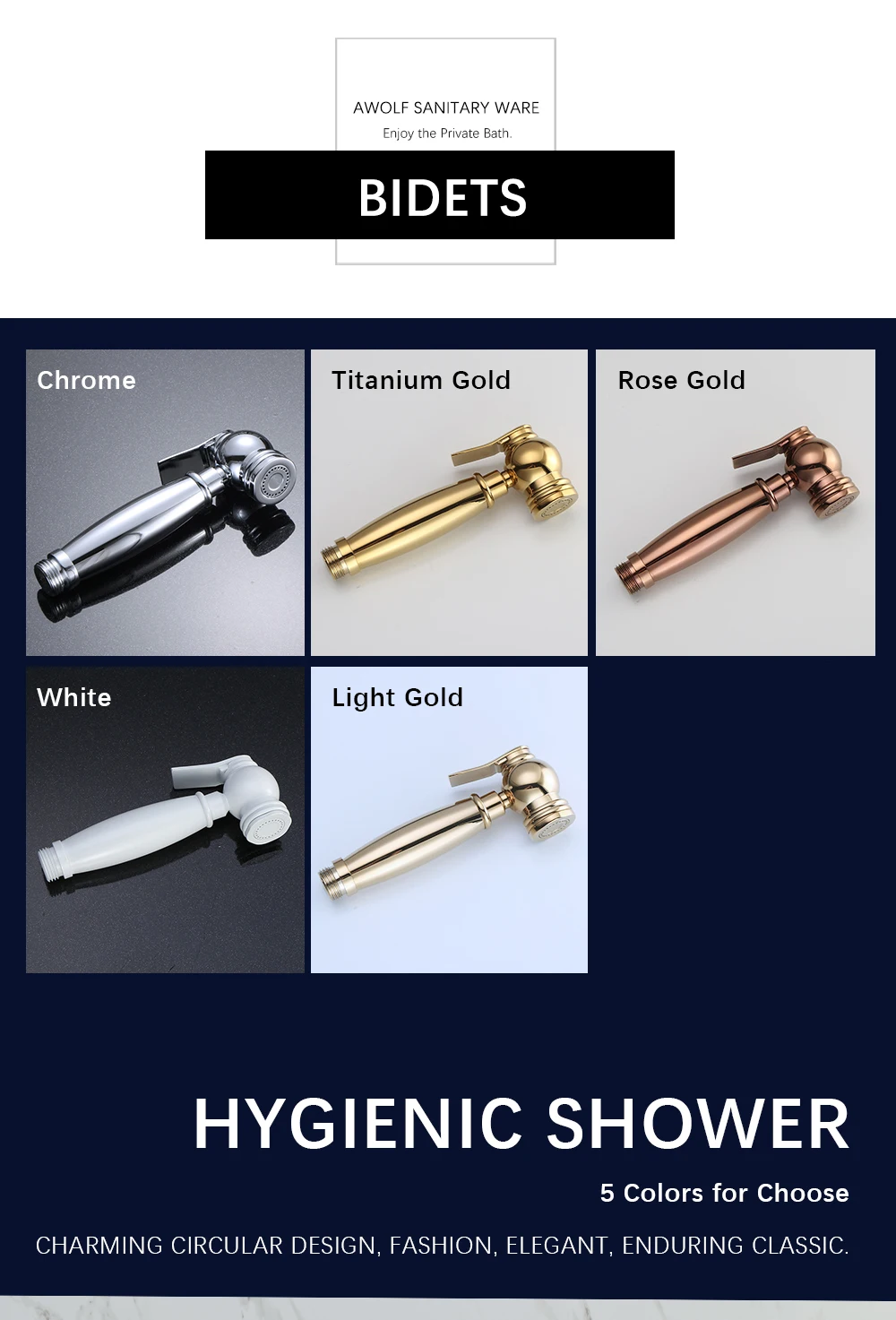 Awolf Titanium Gold Handheld Toilet Bidet Sprayer Solid Brass High Pressure Hygienic Shower Head Shattaf Set Bidet Faucet AP2107