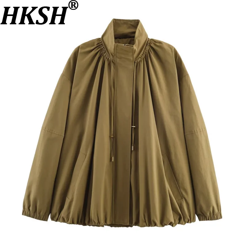 HKSH ربيع الخريف جديد المرأة سترة الوقوف طوق الرباط مطوي جيوب بلون تنوعا المتضخم معاطف غير رسمية HK12833
