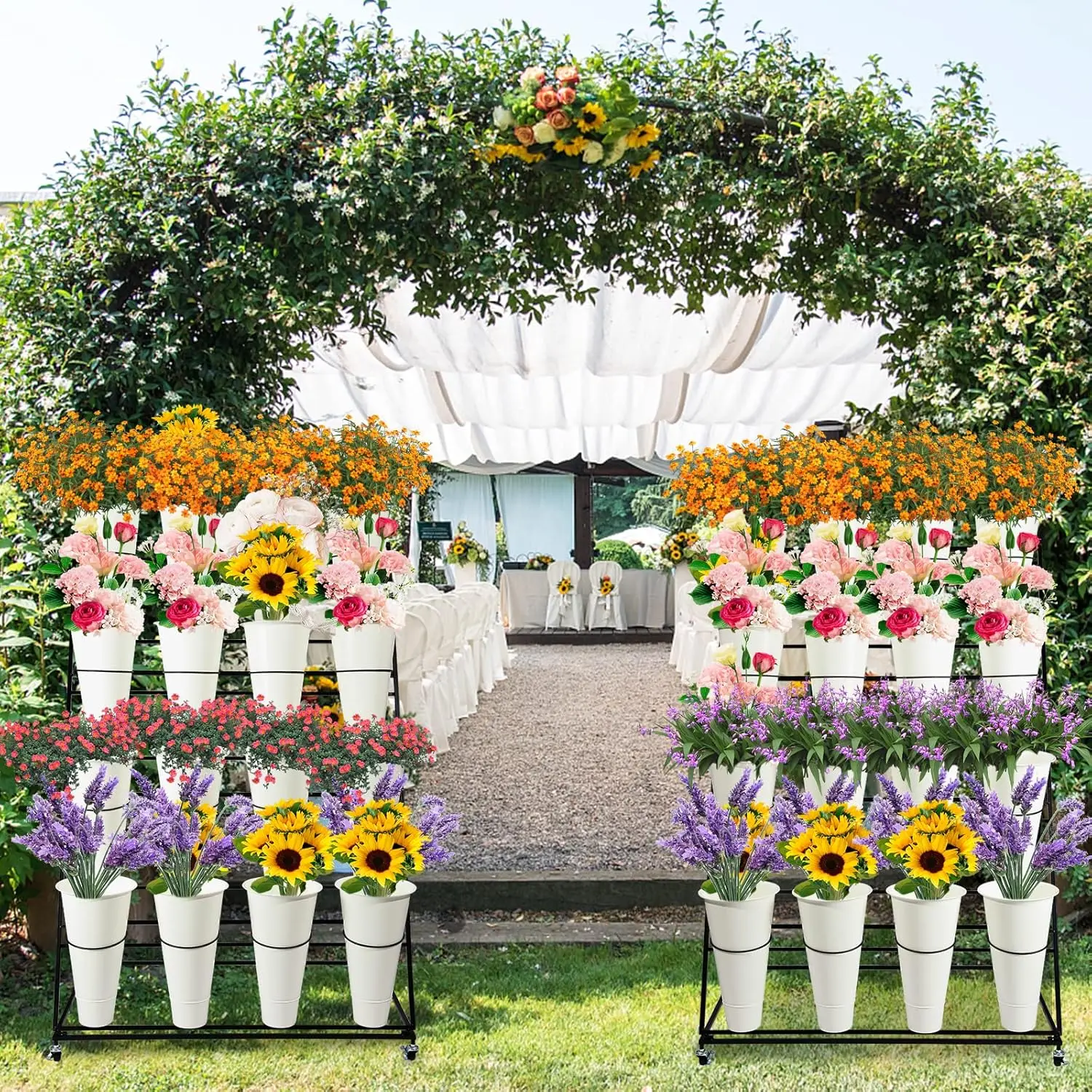 Flower Display Stand with Buckets, 3 layers Metal Plant Stand with Wheels, Moving Florist Bouquet Shelf
