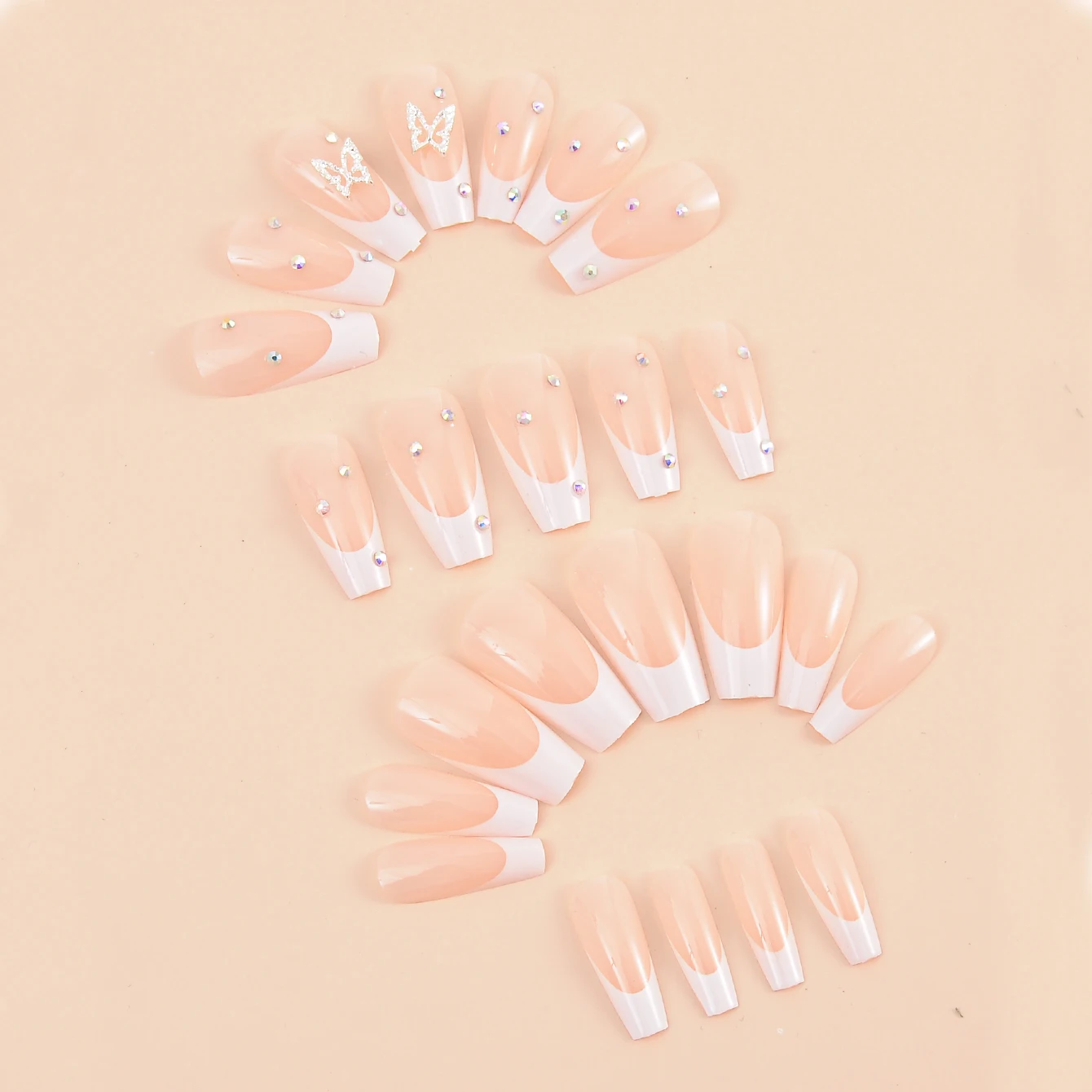 24 piezas/úñas postizas francesas con forma de ataúd, mejora instantáneamente tu apariencia, adorno de lazo, incrustaciones de diamantes de imitación, elegancia exquisita, s